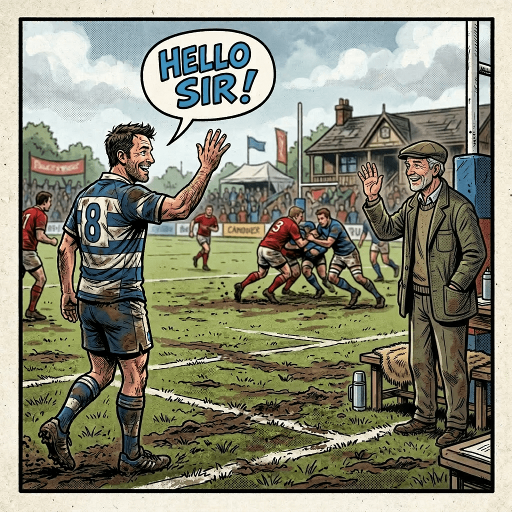 Two rugby players waving to each other on a muddy field during a game